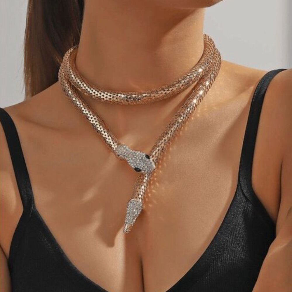 ✨ Gold Snake Rhinestone Statement Choker – Bendable & Blingy! ✨